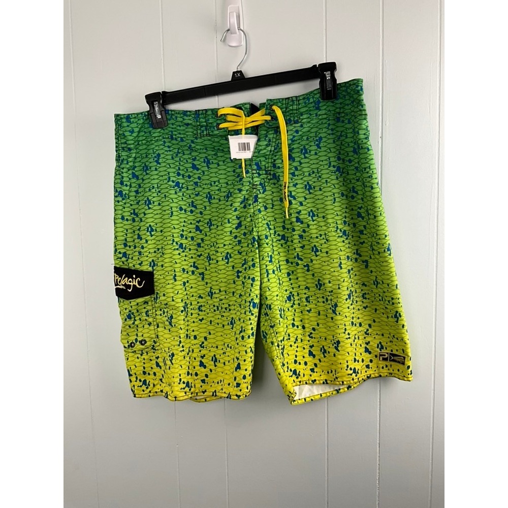 Pelagic Mens Dorado Mahi Mahi Fish Scale Board Shorts Green Yellow Size 36